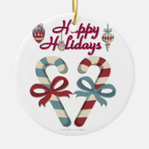 Happy Holidays Candy Cane Heart Ceramic Tree Decoration