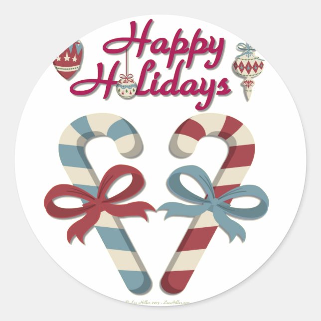 Happy Holidays Candy Cane Heart Classic Round Sticker (Front)
