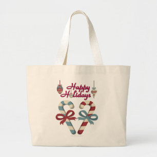Happy Holidays Candy Cane Heart Large Tote Bag