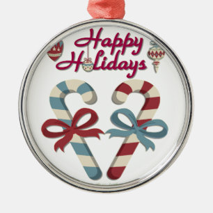 Happy Holidays Candy Cane Heart Metal Tree Decoration
