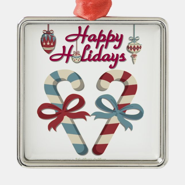 Happy Holidays Candy Cane Heart Metal Tree Decoration (Front)
