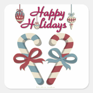 Happy Holidays Candy Cane Heart Square Sticker