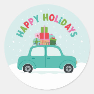 Happy Holidays Car with Gifts in Aqua Blue Classic Round Sticker