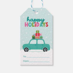 Happy Holidays Car with Gifts in Aqua Blue To/From Gift Tags