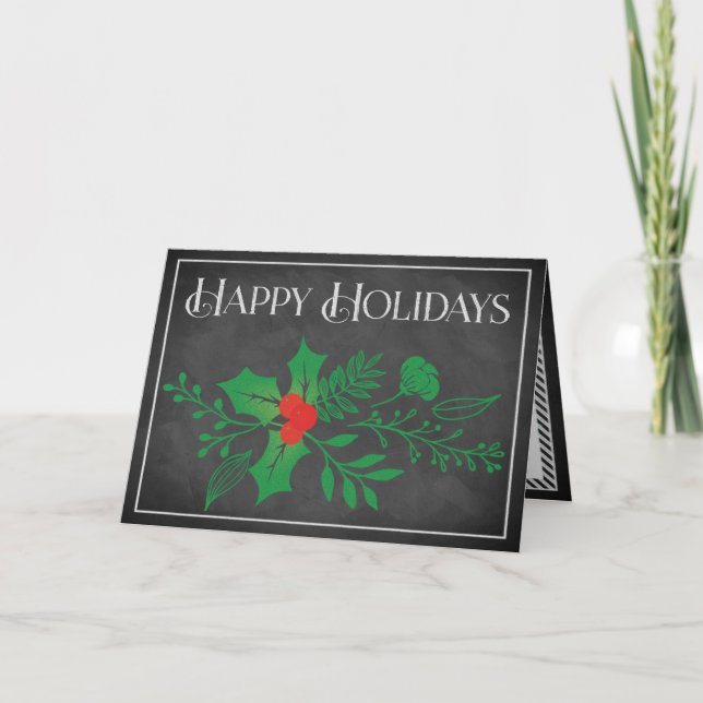 Happy Holidays Card | Faux Chalkboard, Holly (Front)