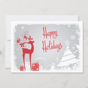Happy Holidays Card Red, Gray, White Deer