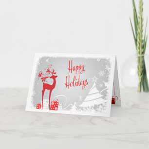 Happy Holidays Card   Red, Grey, White Deer