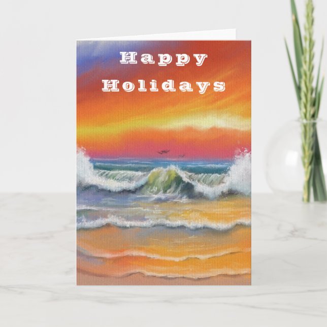 Happy Holidays Card Waves Sea Sunset (Front)