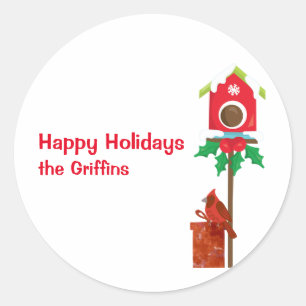 Happy Holidays Cardinal Birdhouse Customisable Classic Round Sticker