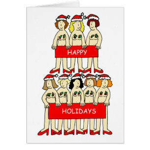 Happy Holidays Cartoon Ladies in Santa Hat