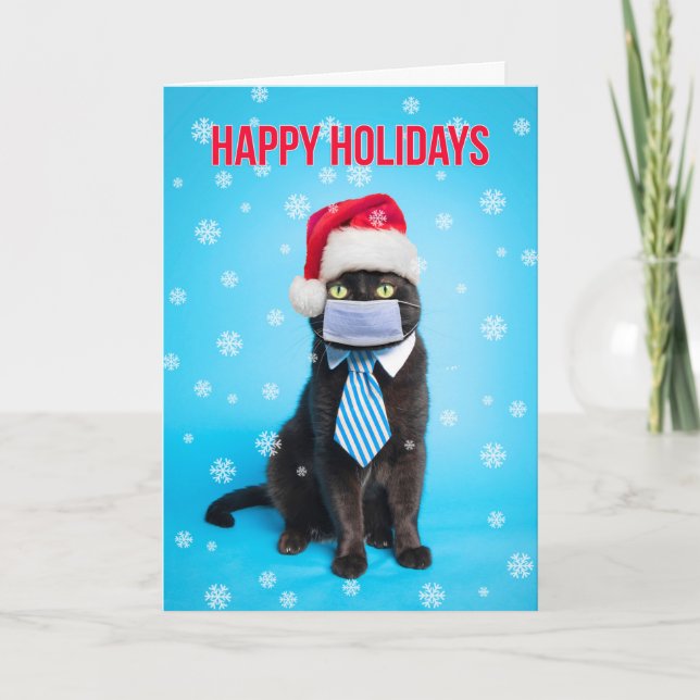 Happy Holidays Cat in Tie and Covid Face Mask Holiday Card (Front)