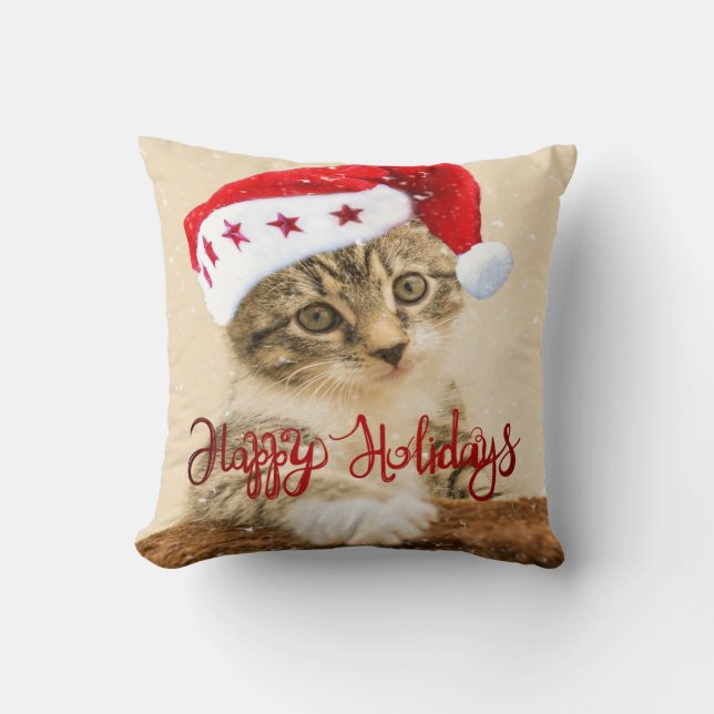 Happy Holidays,Cat With Santa Hat Cushion (Front)