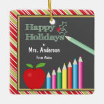 Happy Holidays Chalkboard, Personalised Teacher Ceramic Ornament<br><div class="desc">This Christmas tree ornament features a chalkboard,  a red apple and colour pencils. The text on the chalkboard reads: Happy Holidays. Customisable text allows you to add the teacher's name and your own name. The makes an awesome Christmas keepsake gift for a special teacher.</div>