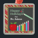Happy Holidays Chalkboard Teacher Metal Tree Decoration<br><div class="desc">This Christmas tree ornament features a chalkboard,  a red apple and colour pencils. The text on the chalkboard reads: Happy Holidays. Customisable text allows you to add "to or from" and a personal name.</div>