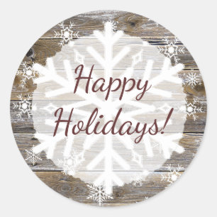 Happy Holidays Charming Wood and Snowflakes Classic Round Sticker