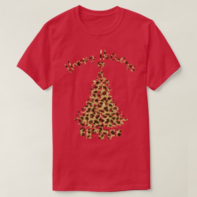 Happy Holidays Cheetah Pattern Christmas Tree Pres T-Shirt (Design Front)