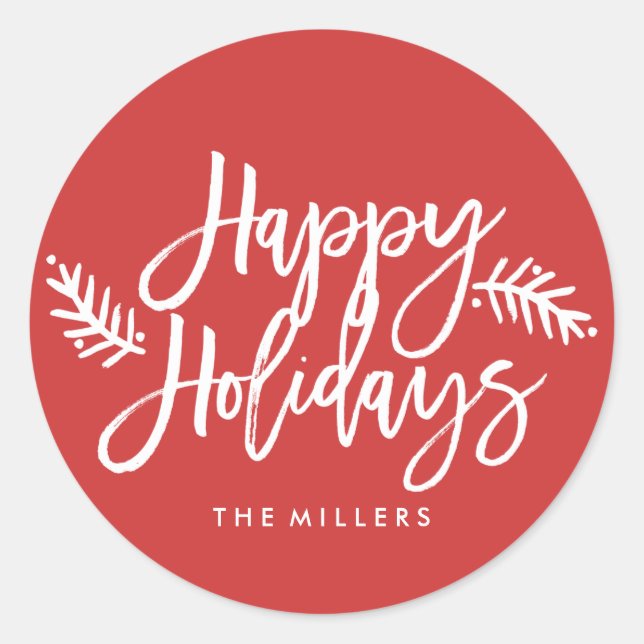 Happy Holidays Chic Hand Lettered Holiday Classic Round Sticker (Front)