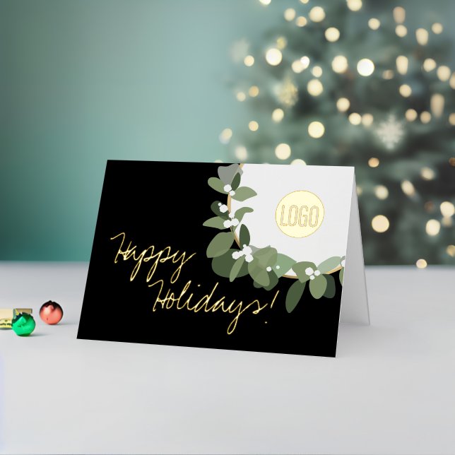 Happy Holidays Chic Wreath Business Logo Elegant  Foil Holiday Card (Holiday In Situ 2)