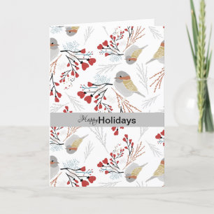 Happy Holidays Chickadee Floral Grey Red Hearts Holiday Card