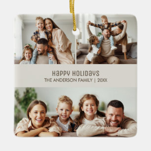 Happy Holidays Christmas 4 Photos Collage Beige Ceramic Ornament