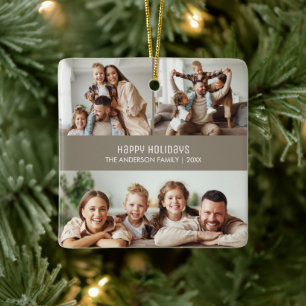 Happy Holidays Christmas 4 Photos Collage Taupe Ceramic Ornament