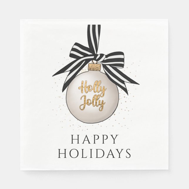 Happy Holidays Christmas Bauble White Black Napkin (Front)