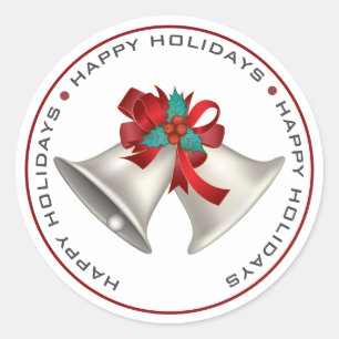 HAPPY HOLIDAYS, CHRISTMAS  BELLS CLASSIC ROUND STICKER
