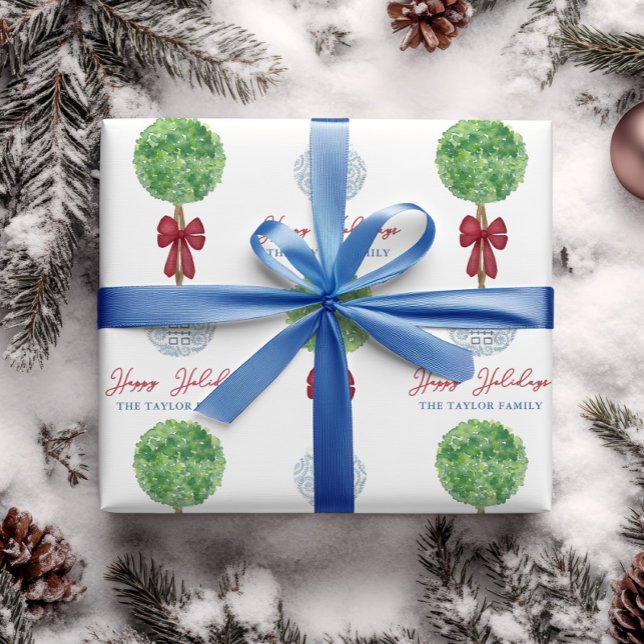 Happy Holidays Christmas Boxwood Topiary Red Bow Wrapping Paper (Topiary with red bow in chinoiserie planter Christmas wrapping paper with personalized text)
