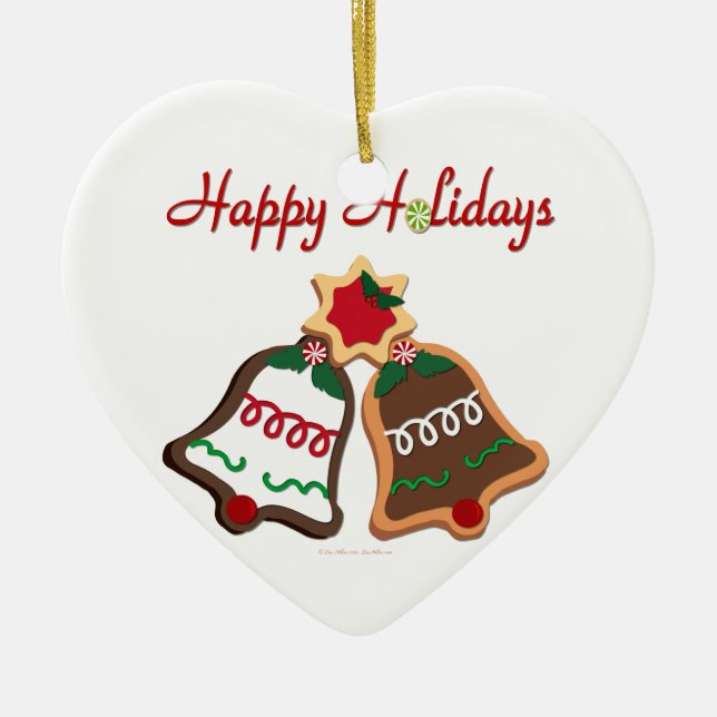 Happy Holidays Christmas Cookie Bells Ceramic Tree Decoration (Front)