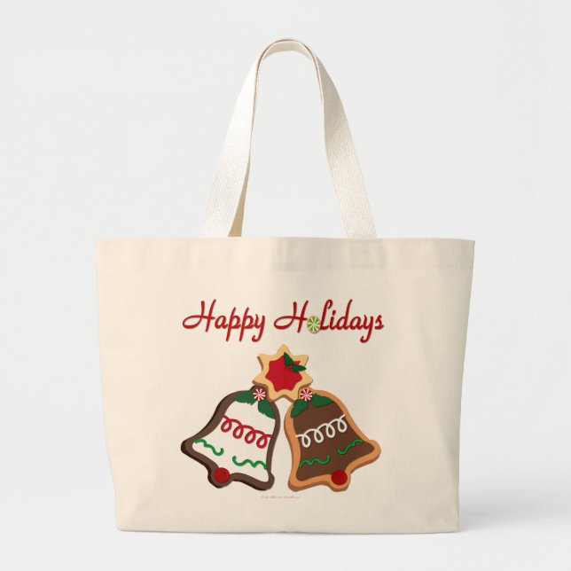 Happy Holidays Christmas Cookie Bells Large Tote Bag (Front)