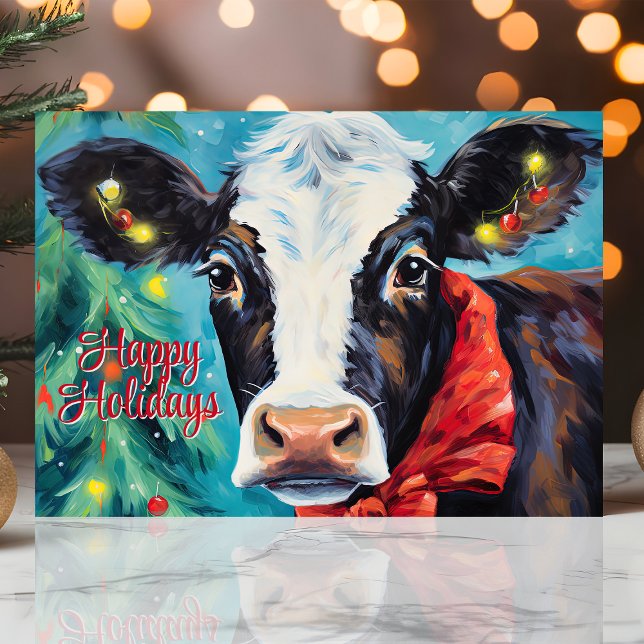 Happy Holidays Christmas Cow with Bow Holiday Card (Creator Uploaded)