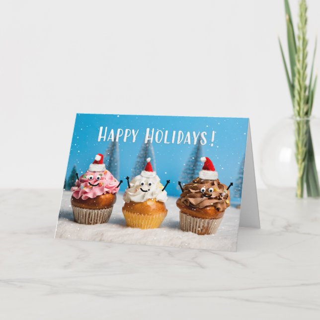 Happy Holidays Christmas Cupcakes in Snow  Holiday Card (Front)