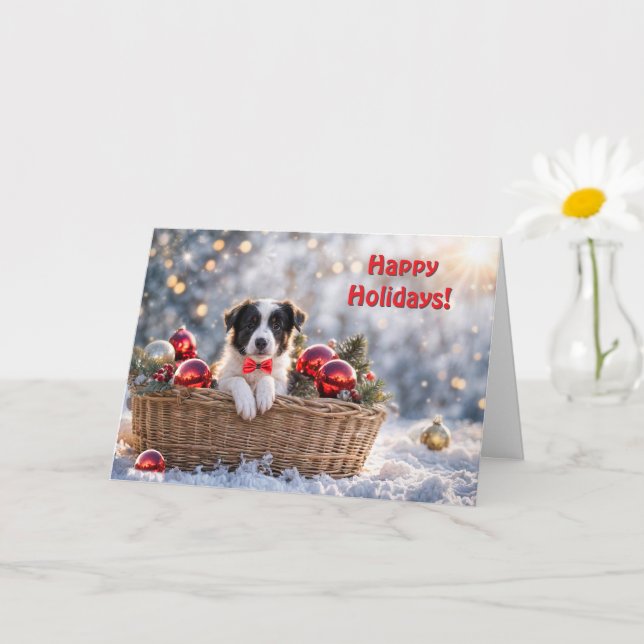 Happy Holidays Christmas Cute Border Collie Puppy  Card (Small Plant)