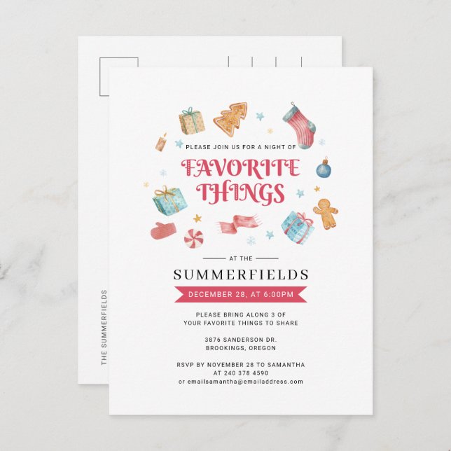 Happy Holidays Christmas Favourite Things Party Invitation Postcard (Front/Back)