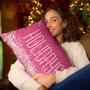 Happy Holidays Christmas Girly Pink Glitter Lumbar Cushion