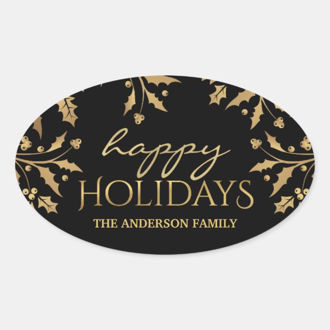 Happy Holidays Christmas Gold Holly Faux Foil Oval Sticker (Front)