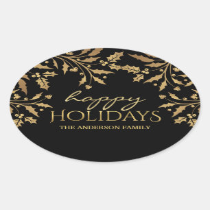 Happy Holidays Christmas Gold Holly Faux Foil Oval Sticker