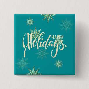 Happy holidays Christmas gold snowflakes green 15 Cm Square Badge