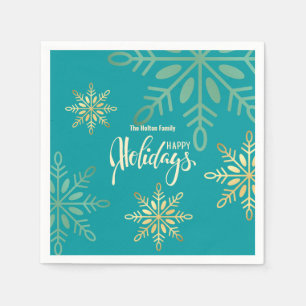 Happy holidays Christmas gold snowflakes green Napkin