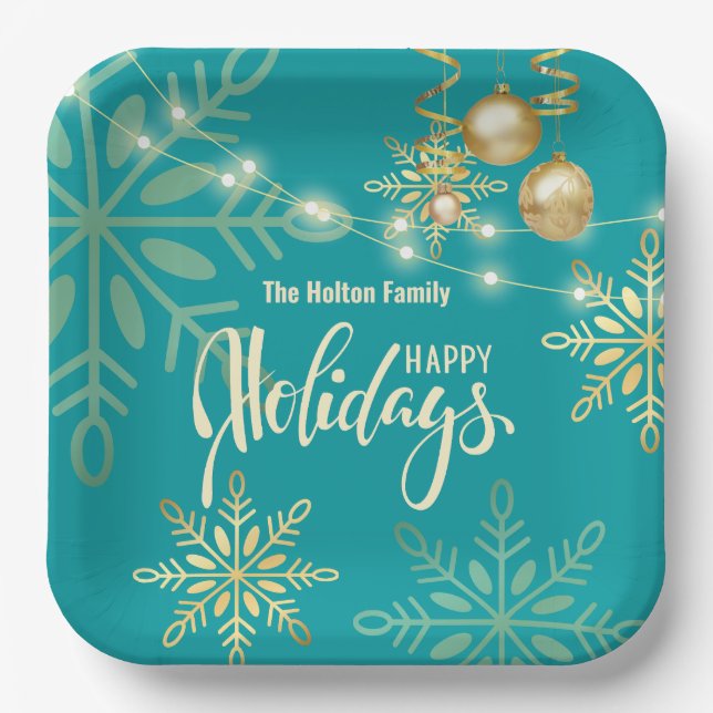 Happy holidays Christmas gold snowflakes green Paper Plate (Front)