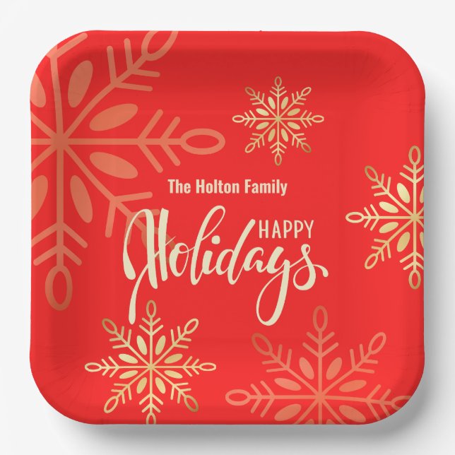 Happy holidays Christmas gold snowflakes, red Paper Plate (Front)