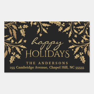 Happy Holidays Christmas Holly Gold Faux Foil Rectangular Sticker