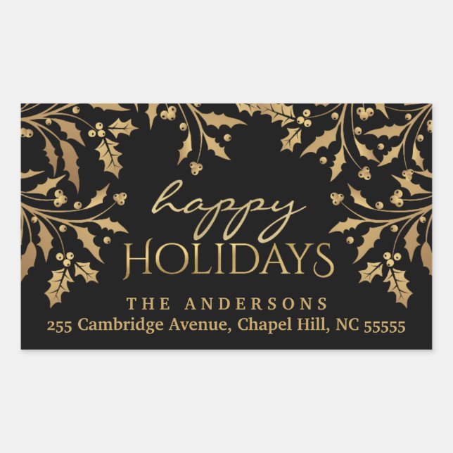 Happy Holidays Christmas Holly Gold Faux Foil Rectangular Sticker (Front)