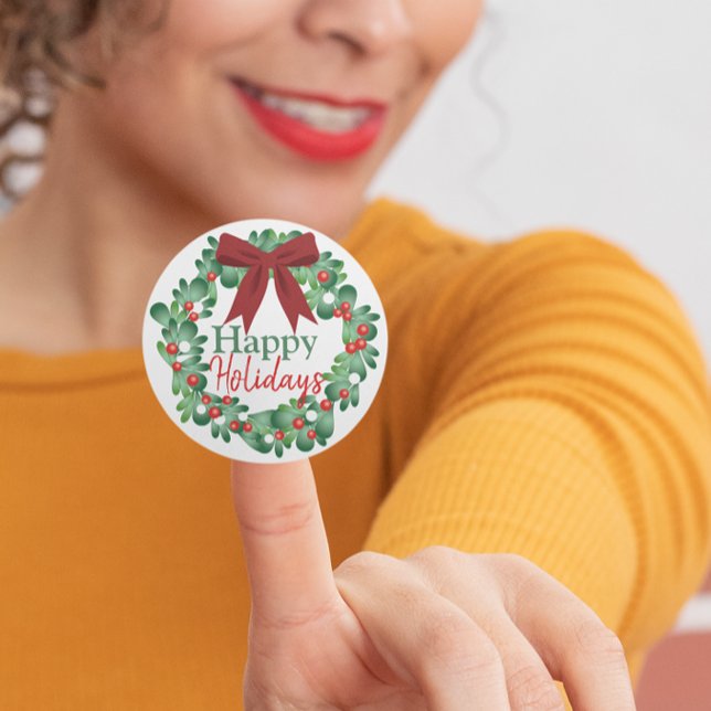 Happy Holidays Christmas Holly Wreath Classic Round Sticker (Happy Holidays Christmas Holly Wreath Classic Round Sticker)