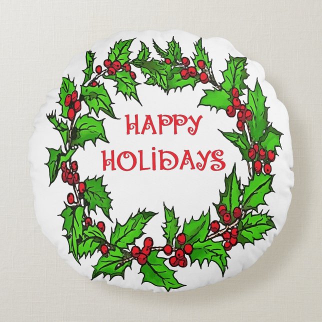 Happy Holidays Christmas Holly Wreath Round Cushion (Front)