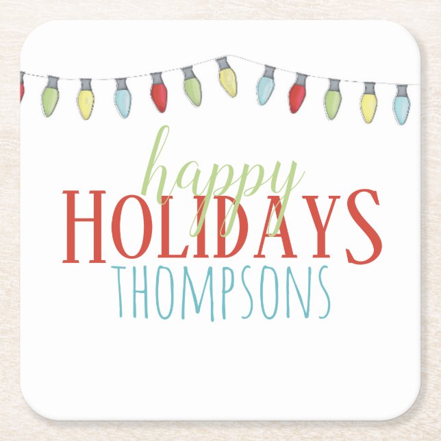 Happy Holidays Christmas Lights Personalised Square Paper Coaster (Front)