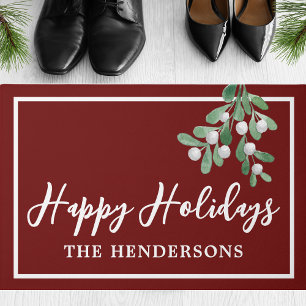 Happy Holidays Christmas Mistletoe Maroon Doormat