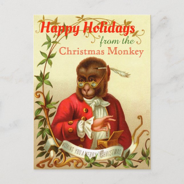 Happy Holidays Christmas Monkey Funny Vintage Holiday Postcard (Front)