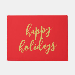 Happy Holidays Christmas New Year Season Red Gold Doormat