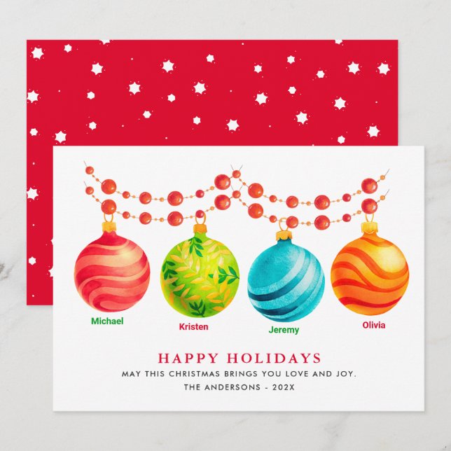 Happy Holidays Christmas Ornament 4 Family Names  Holiday Card (Front/Back)